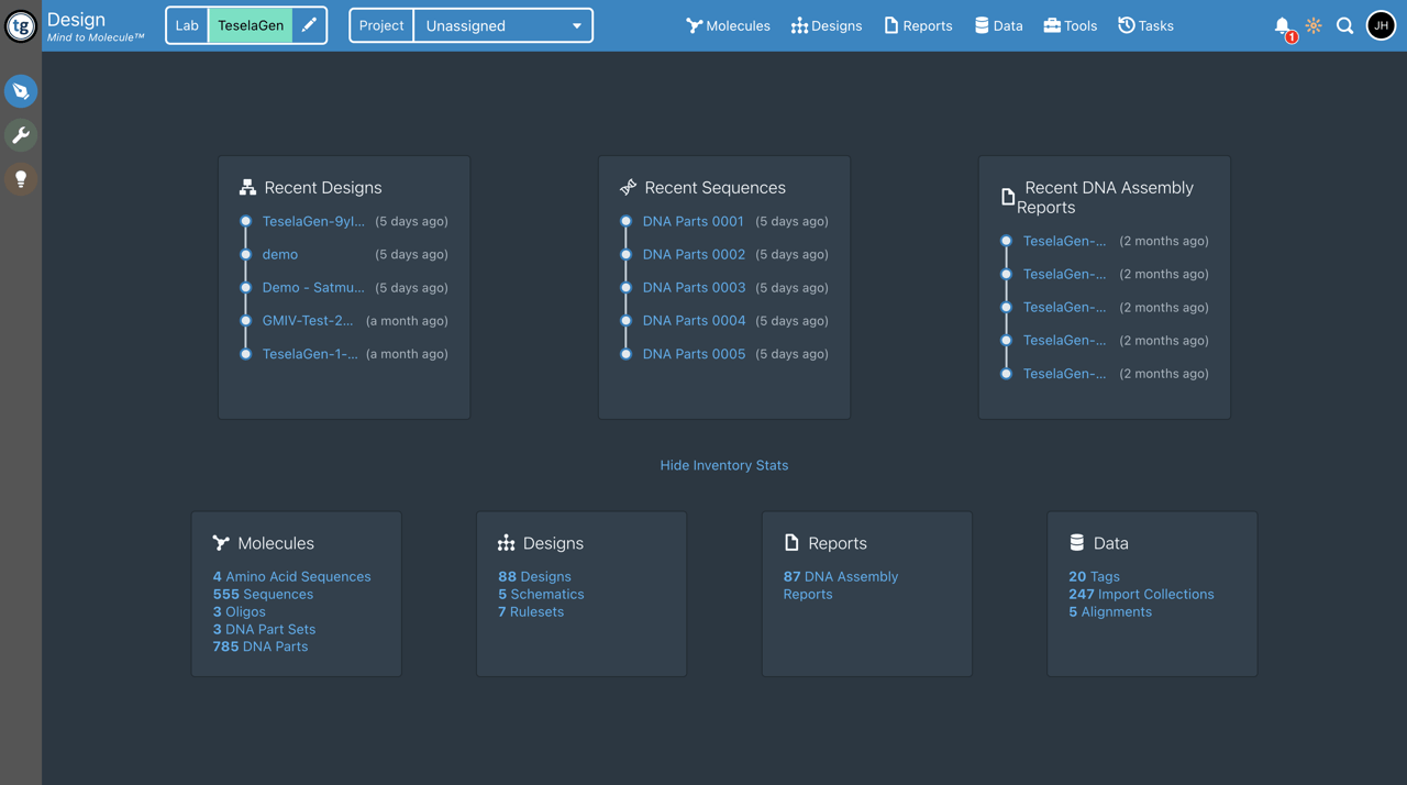 TeselaGen main dashboard